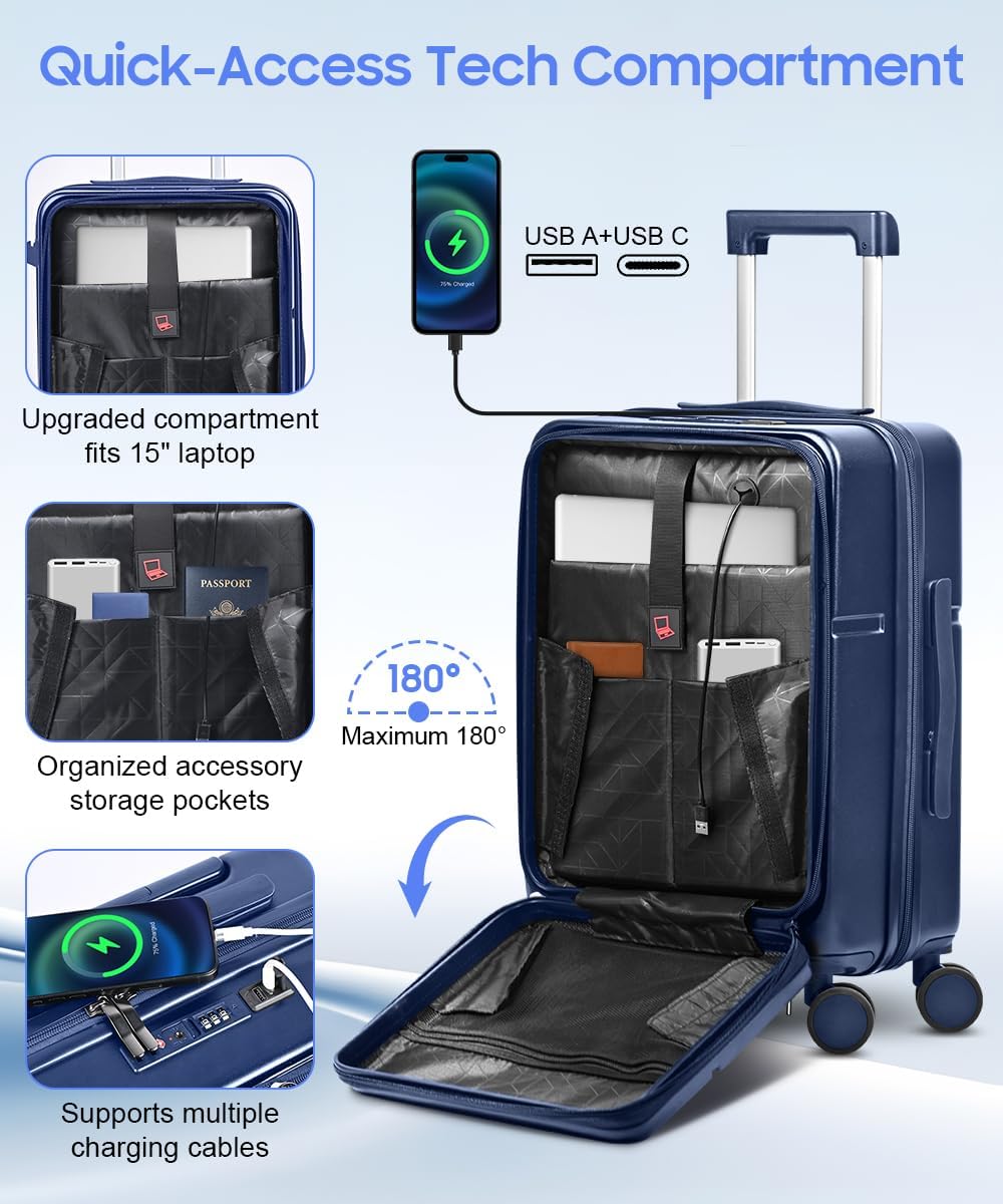 Carry On Luggage 22x14x9 Airline Approved, Hard Shell Spinner Suitcase with Front Laptop Pocket, USB Charging Port & TSA Lock, 20 Inch Rolling Luggage with Cosmetic Case