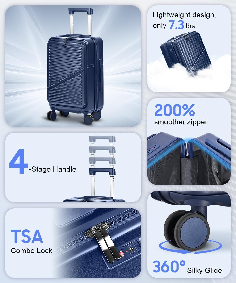 Carry On Luggage 22x14x9 Airline Approved, Hard Shell Spinner Suitcase with Front Laptop Pocket, USB Charging Port & TSA Lock, 20 Inch Rolling Luggage with Cosmetic Case