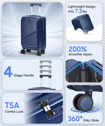 Carry On Luggage 22x14x9 Airline Approved, Hard Shell Spinner Suitcase with Front Laptop Pocket, USB Charging Port & TSA Lock, 20 Inch Rolling Luggage with Cosmetic Case