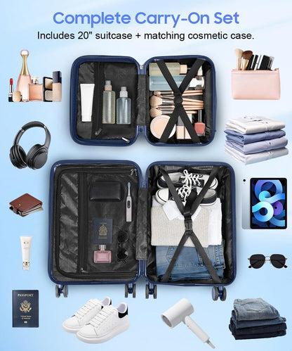 Carry On Luggage 22x14x9 Airline Approved, Hard Shell Spinner Suitcase with Front Laptop Pocket, USB Charging Port & TSA Lock, 20 Inch Rolling Luggage with Cosmetic Case