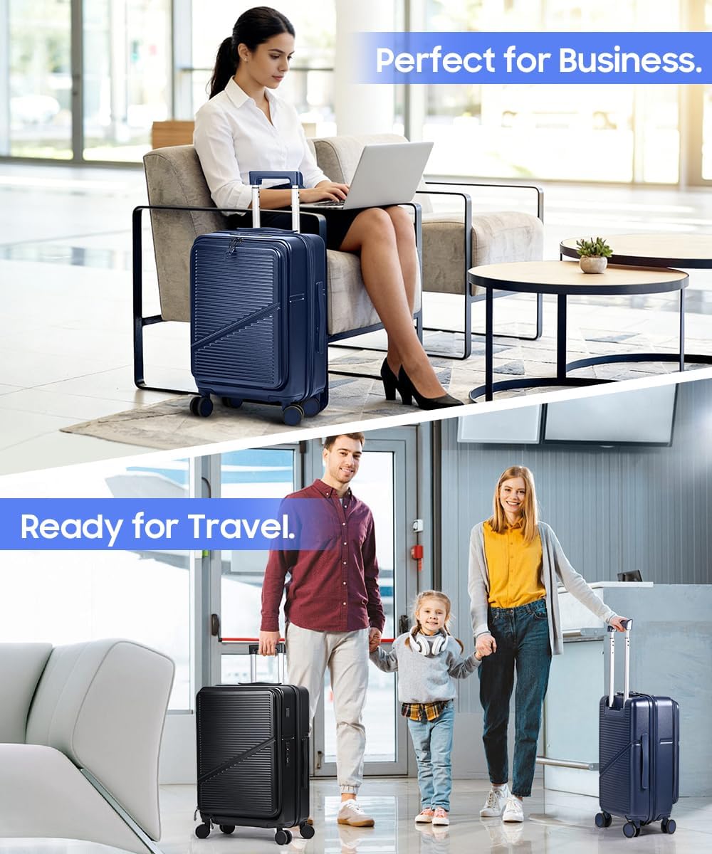 Carry On Luggage 22x14x9 Airline Approved, Hard Shell Spinner Suitcase with Front Laptop Pocket, USB Charging Port & TSA Lock, 20 Inch Rolling Luggage with Cosmetic Case