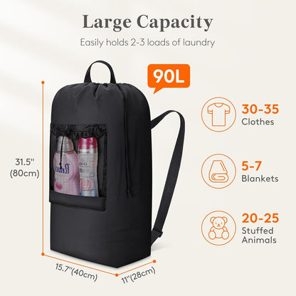 Laundry Bag, Extra Large Laundry Backpack with Shoulder Straps and Mesh Pocket for Laundromat, Heavy Duty Laundry Bag Backpack for Dirty Clothes for College Dorm/Travel/Apartment, 90L, Black