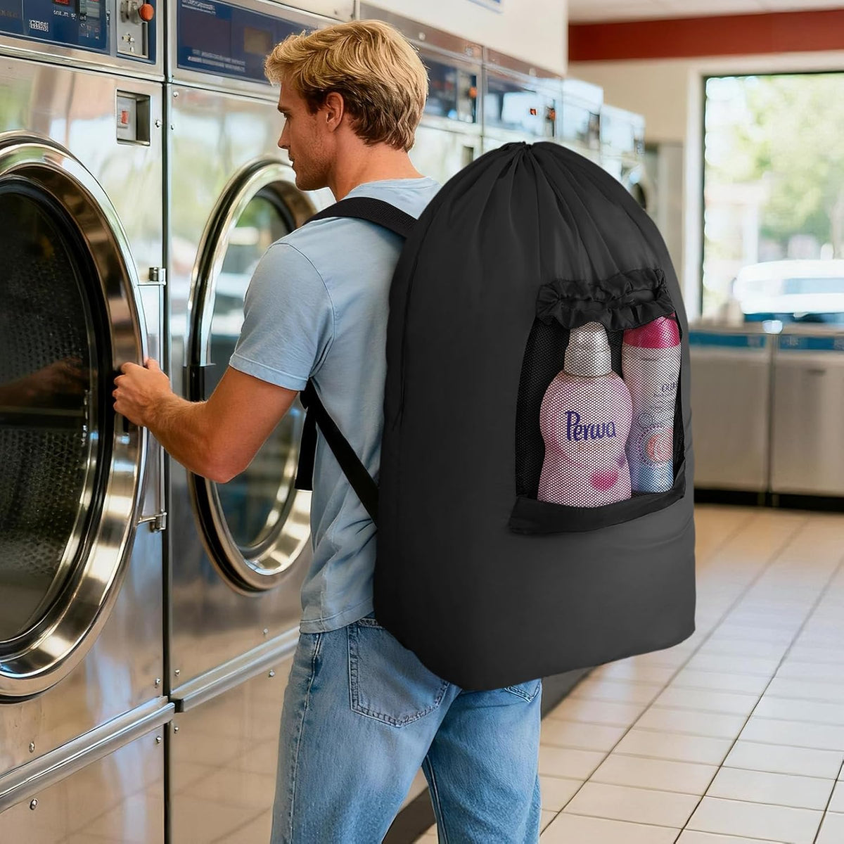 Laundry Bag, Extra Large Laundry Backpack with Shoulder Straps and Mesh Pocket for Laundromat, Heavy Duty Laundry Bag Backpack for Dirty Clothes for College Dorm/Travel/Apartment, 90L, Black