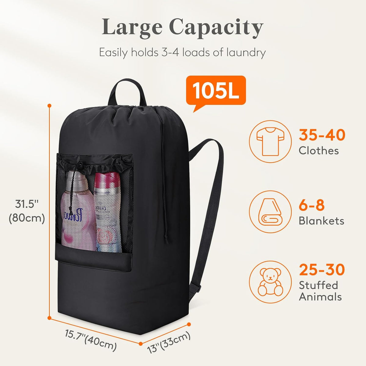 Laundry Bag, Extra Large Laundry Backpack with Shoulder Straps and Mesh Pocket for Laundromat, Heavy Duty Laundry Bag Backpack for Dirty Clothes for College Dorm/Travel/Apartment, 90L, Black