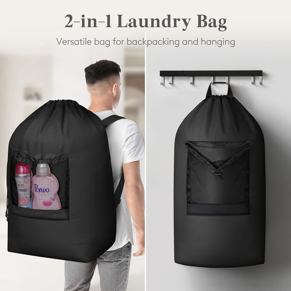 Laundry Bag, Extra Large Laundry Backpack with Shoulder Straps and Mesh Pocket for Laundromat, Heavy Duty Laundry Bag Backpack for Dirty Clothes for College Dorm/Travel/Apartment, 90L, Black