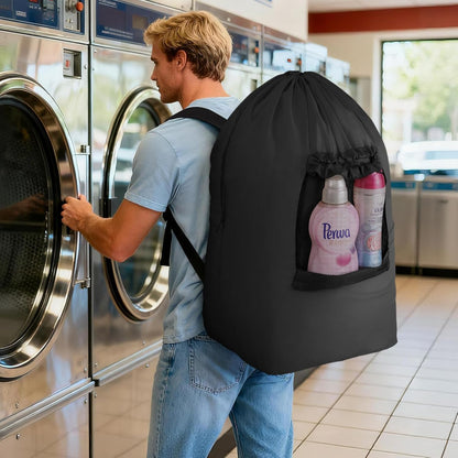 Laundry Bag, Extra Large Laundry Backpack with Shoulder Straps and Mesh Pocket for Laundromat, Heavy Duty Laundry Bag Backpack for Dirty Clothes for College Dorm/Travel/Apartment, 90L, Black