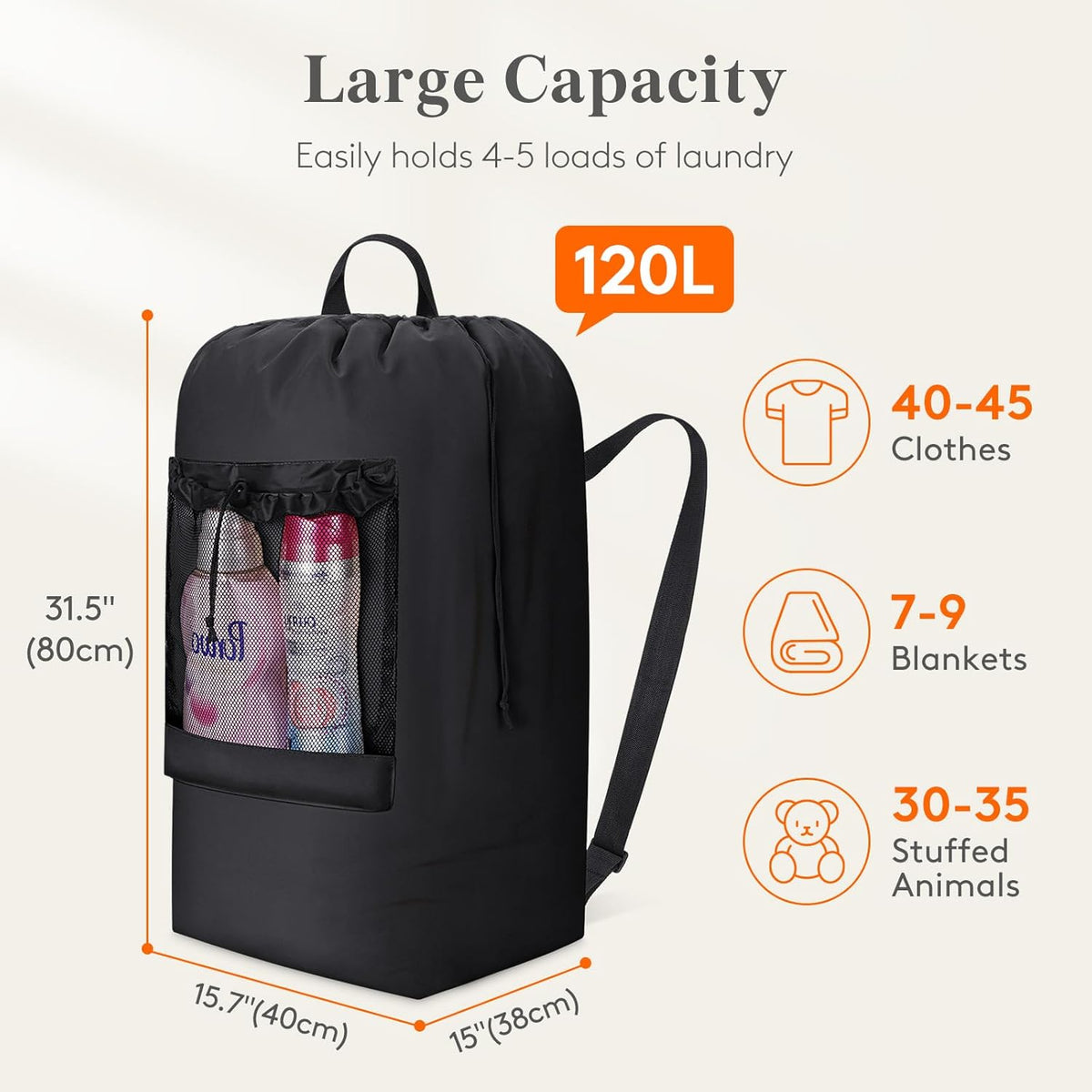 Laundry Bag, Extra Large Laundry Backpack with Shoulder Straps and Mesh Pocket for Laundromat, Heavy Duty Laundry Bag Backpack for Dirty Clothes for College Dorm/Travel/Apartment, 90L, Black