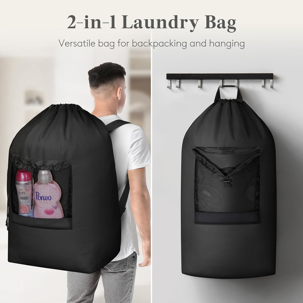 Laundry Bag, Extra Large Laundry Backpack with Shoulder Straps and Mesh Pocket for Laundromat, Heavy Duty Laundry Bag Backpack for Dirty Clothes for College Dorm/Travel/Apartment, 90L, Black