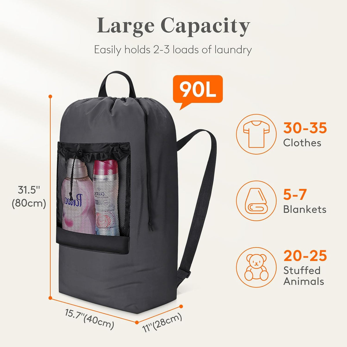 Laundry Bag, Extra Large Laundry Backpack with Shoulder Straps and Mesh Pocket for Laundromat, Heavy Duty Laundry Bag Backpack for Dirty Clothes for College Dorm/Travel/Apartment, 90L, Black