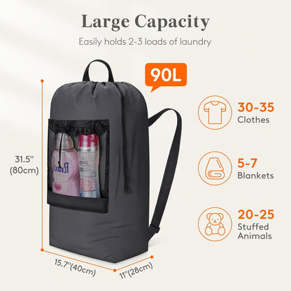 Laundry Bag, Extra Large Laundry Backpack with Shoulder Straps and Mesh Pocket for Laundromat, Heavy Duty Laundry Bag Backpack for Dirty Clothes for College Dorm/Travel/Apartment, 90L, Black