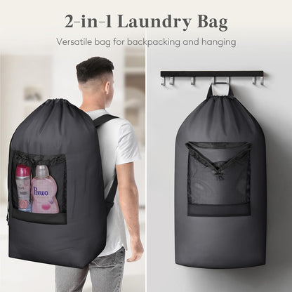 Laundry Bag, Extra Large Laundry Backpack with Shoulder Straps and Mesh Pocket for Laundromat, Heavy Duty Laundry Bag Backpack for Dirty Clothes for College Dorm/Travel/Apartment, 90L, Black
