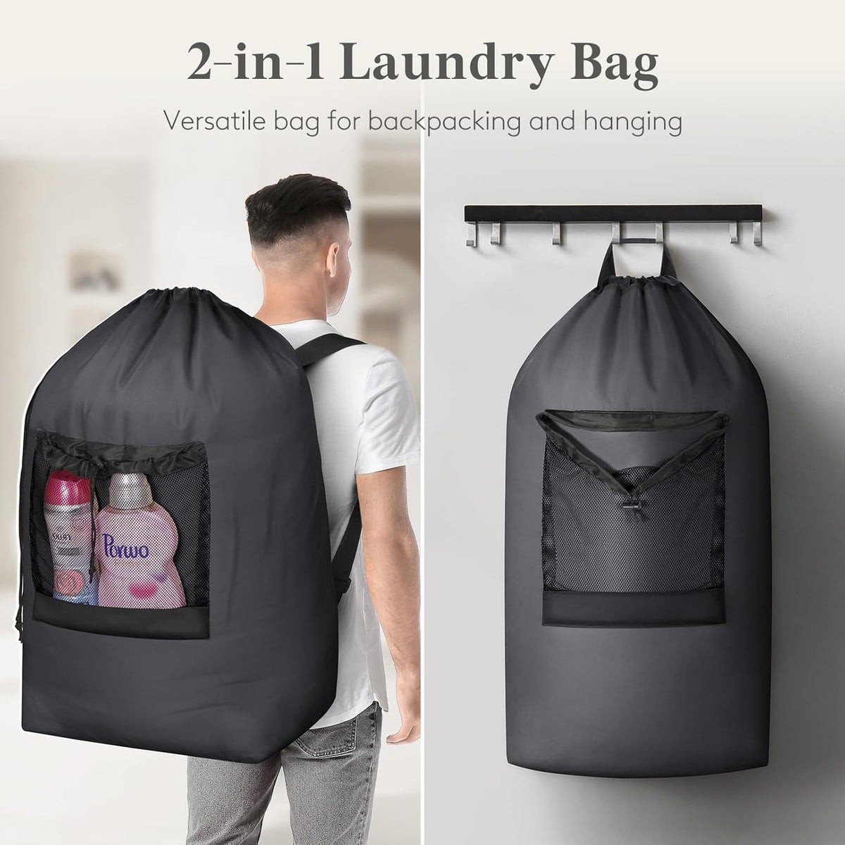 Laundry Bag, Extra Large Laundry Backpack with Shoulder Straps and Mesh Pocket for Laundromat, Heavy Duty Laundry Bag Backpack for Dirty Clothes for College Dorm/Travel/Apartment, 90L, Black