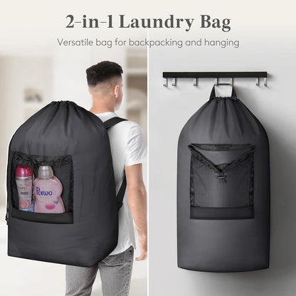 Laundry Bag, Extra Large Laundry Backpack with Shoulder Straps and Mesh Pocket for Laundromat, Heavy Duty Laundry Bag Backpack for Dirty Clothes for College Dorm/Travel/Apartment, 90L, Black