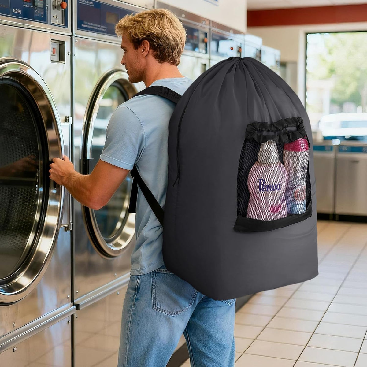 Laundry Bag, Extra Large Laundry Backpack with Shoulder Straps and Mesh Pocket for Laundromat, Heavy Duty Laundry Bag Backpack for Dirty Clothes for College Dorm/Travel/Apartment, 90L, Black
