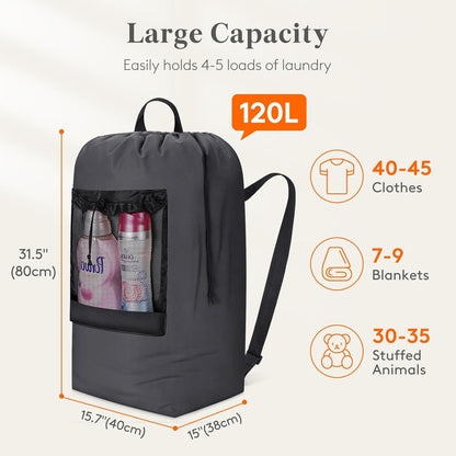 Laundry Bag, Extra Large Laundry Backpack with Shoulder Straps and Mesh Pocket for Laundromat, Heavy Duty Laundry Bag Backpack for Dirty Clothes for College Dorm/Travel/Apartment, 90L, Black