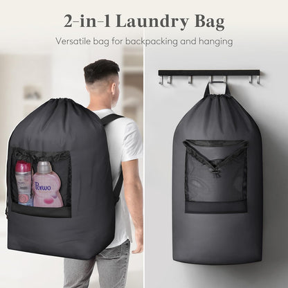 Laundry Bag, Extra Large Laundry Backpack with Shoulder Straps and Mesh Pocket for Laundromat, Heavy Duty Laundry Bag Backpack for Dirty Clothes for College Dorm/Travel/Apartment, 90L, Black