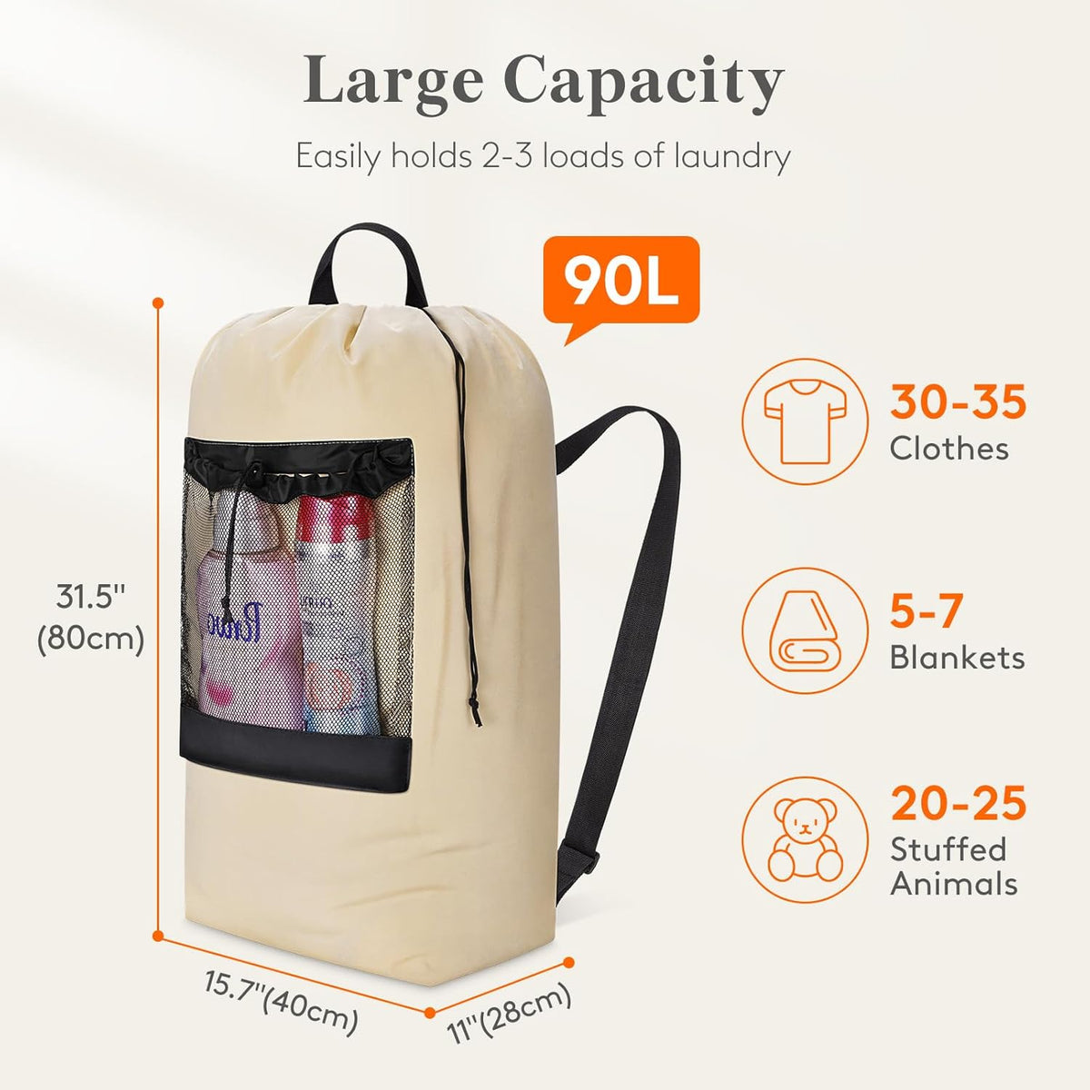Laundry Bag, Extra Large Laundry Backpack with Shoulder Straps and Mesh Pocket for Laundromat, Heavy Duty Laundry Bag Backpack for Dirty Clothes for College Dorm/Travel/Apartment, 90L, Black
