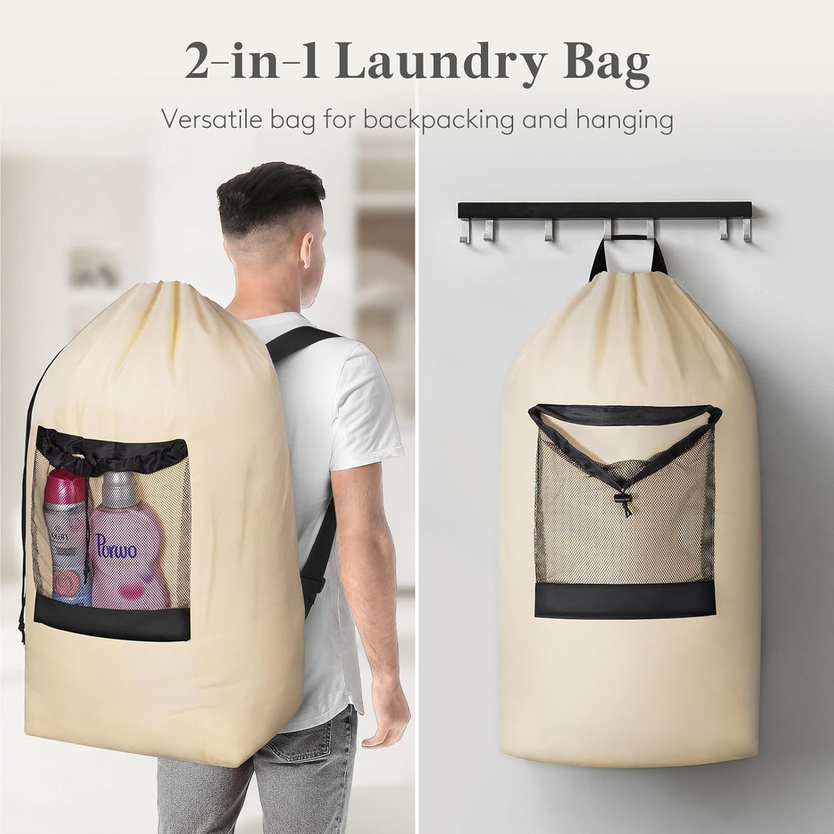 Laundry Bag, Extra Large Laundry Backpack with Shoulder Straps and Mesh Pocket for Laundromat, Heavy Duty Laundry Bag Backpack for Dirty Clothes for College Dorm/Travel/Apartment, 90L, Black
