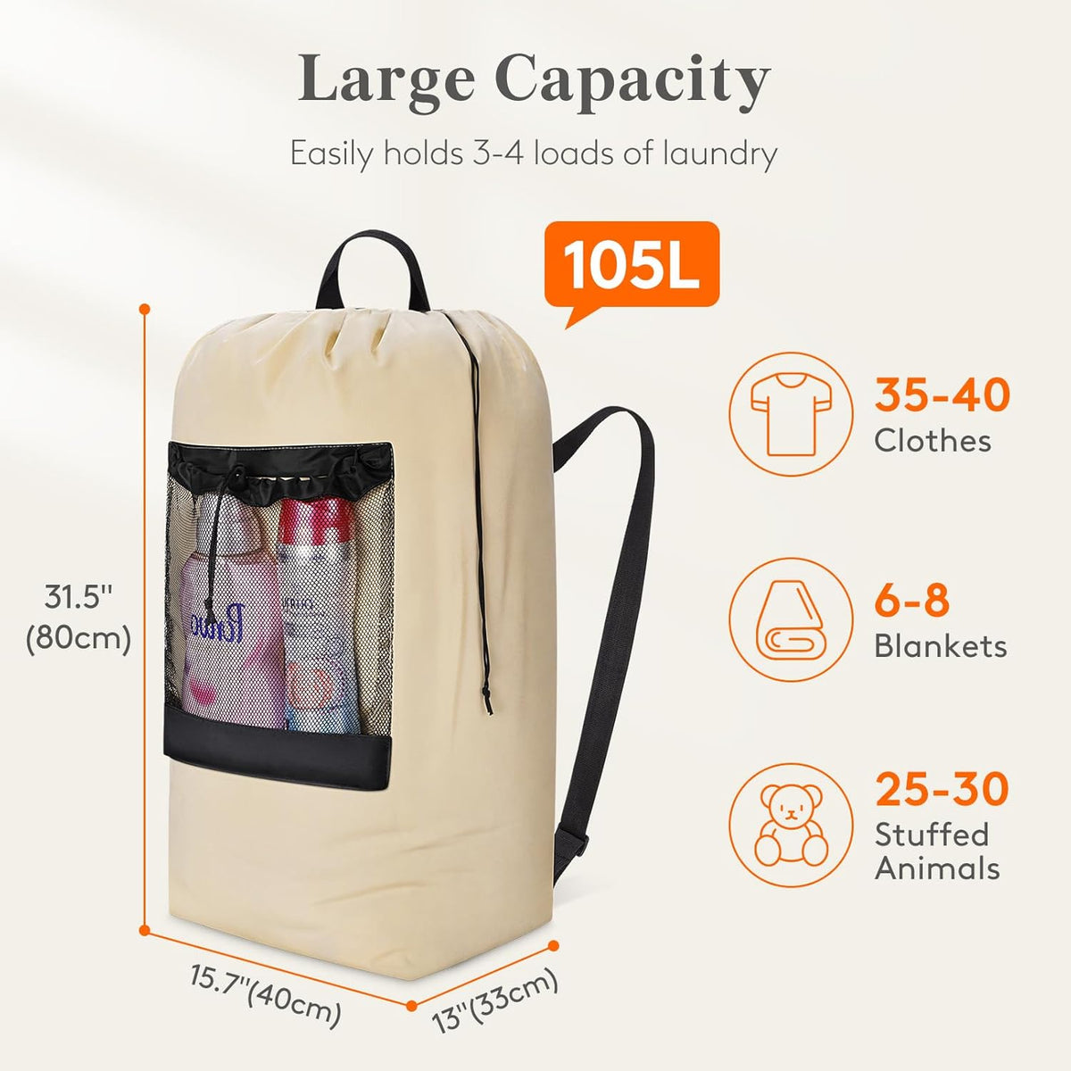 Laundry Bag, Extra Large Laundry Backpack with Shoulder Straps and Mesh Pocket for Laundromat, Heavy Duty Laundry Bag Backpack for Dirty Clothes for College Dorm/Travel/Apartment, 90L, Black
