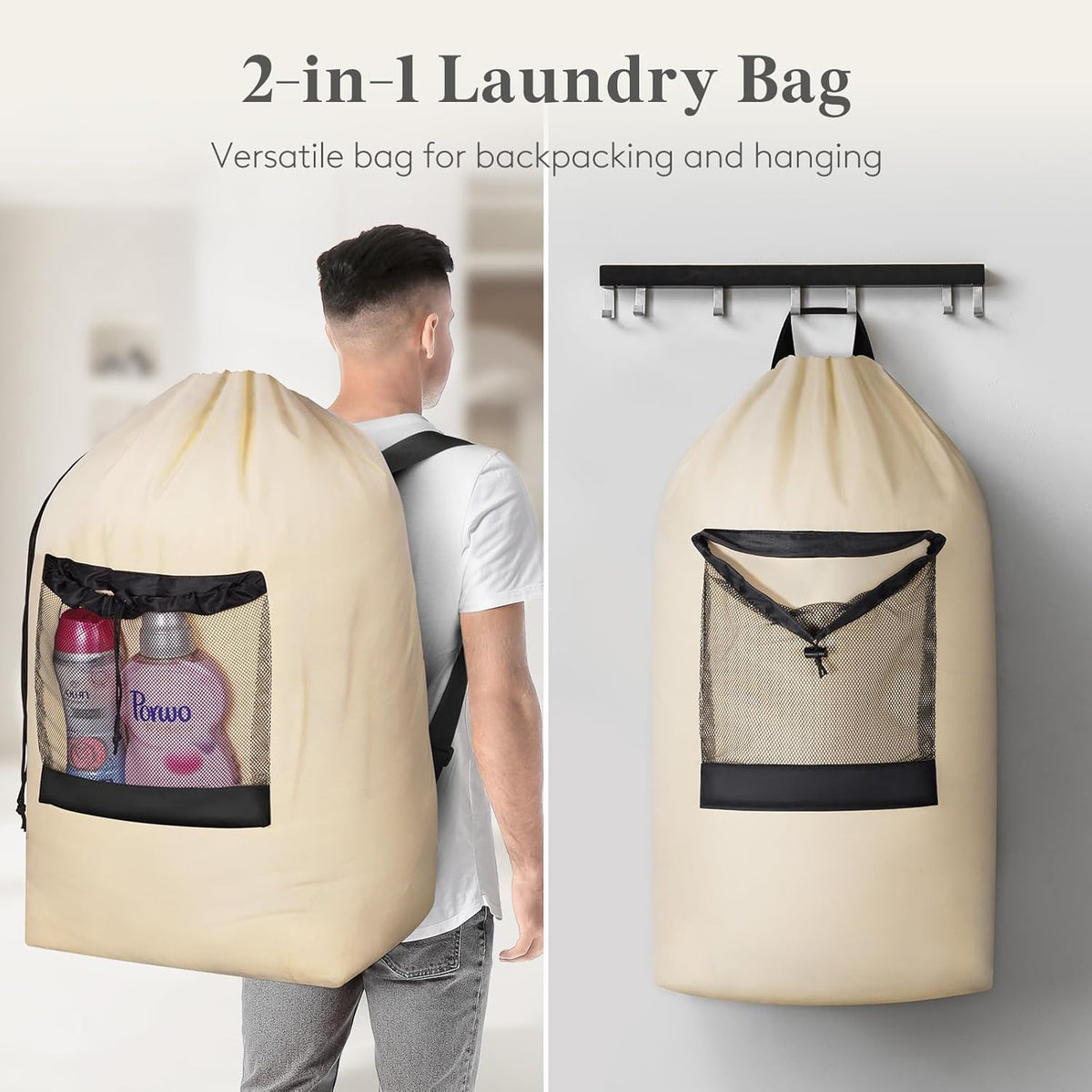 Laundry Bag, Extra Large Laundry Backpack with Shoulder Straps and Mesh Pocket for Laundromat, Heavy Duty Laundry Bag Backpack for Dirty Clothes for College Dorm/Travel/Apartment, 90L, Black