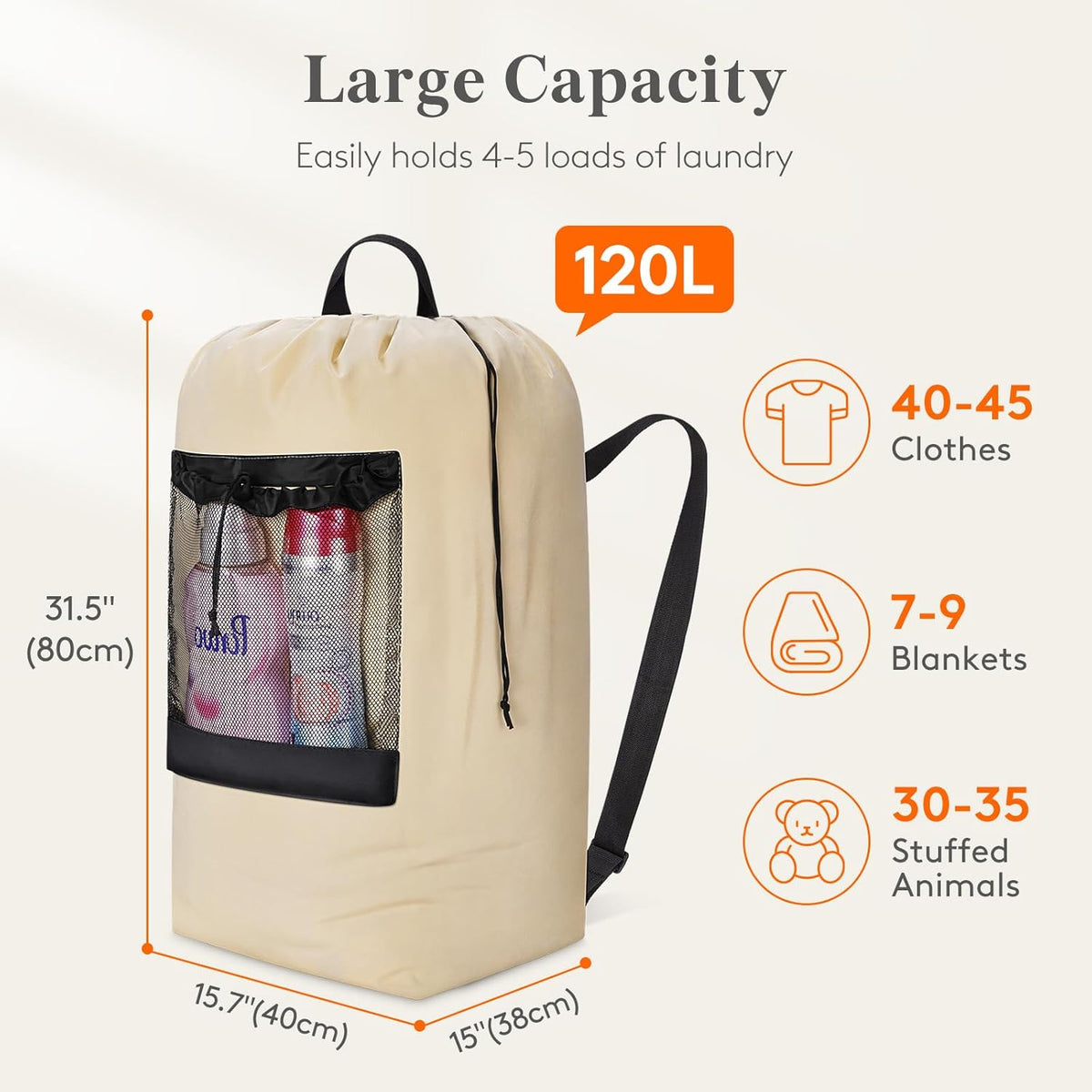 Laundry Bag, Extra Large Laundry Backpack with Shoulder Straps and Mesh Pocket for Laundromat, Heavy Duty Laundry Bag Backpack for Dirty Clothes for College Dorm/Travel/Apartment, 90L, Black