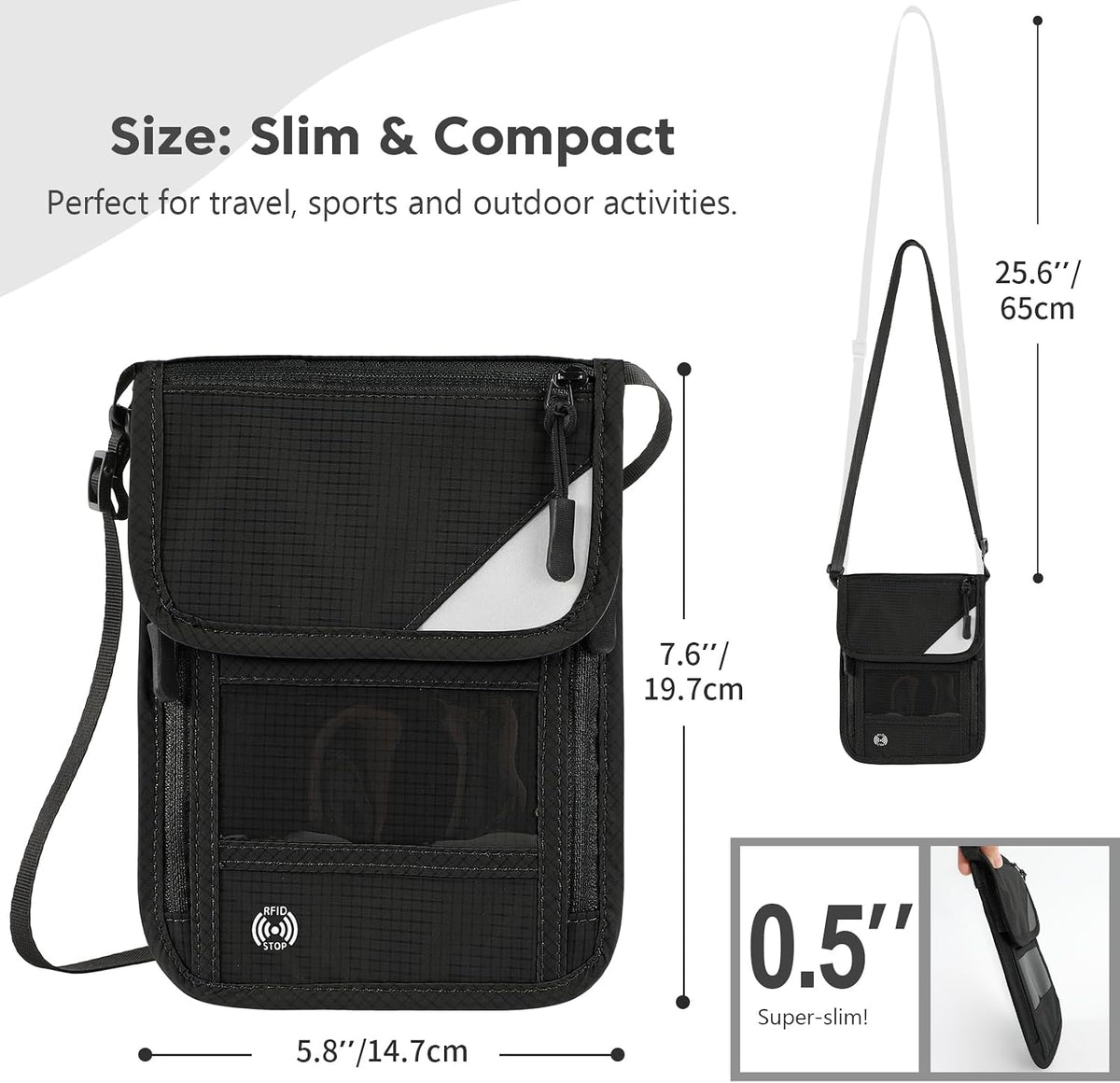 Passport Holder, RFID Blocking Travel Wallet for Women & Men, Slim & Light Waterproof Neck Pouch, Hidden and Secure Passport Wallet (Black)