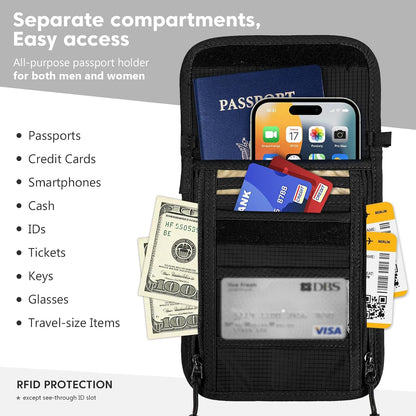 Passport Holder, RFID Blocking Travel Wallet for Women & Men, Slim & Light Waterproof Neck Pouch, Hidden and Secure Passport Wallet (Black)