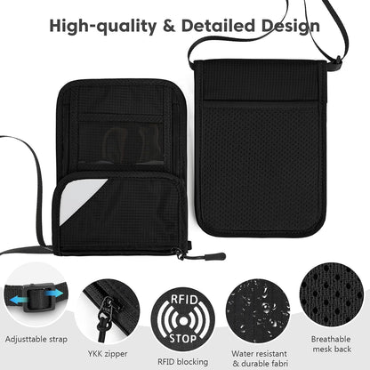Passport Holder, RFID Blocking Travel Wallet for Women & Men, Slim & Light Waterproof Neck Pouch, Hidden and Secure Passport Wallet (Black)