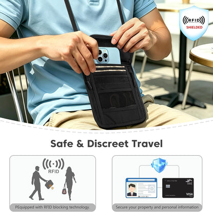 Passport Holder, RFID Blocking Travel Wallet for Women & Men, Slim & Light Waterproof Neck Pouch, Hidden and Secure Passport Wallet (Black)