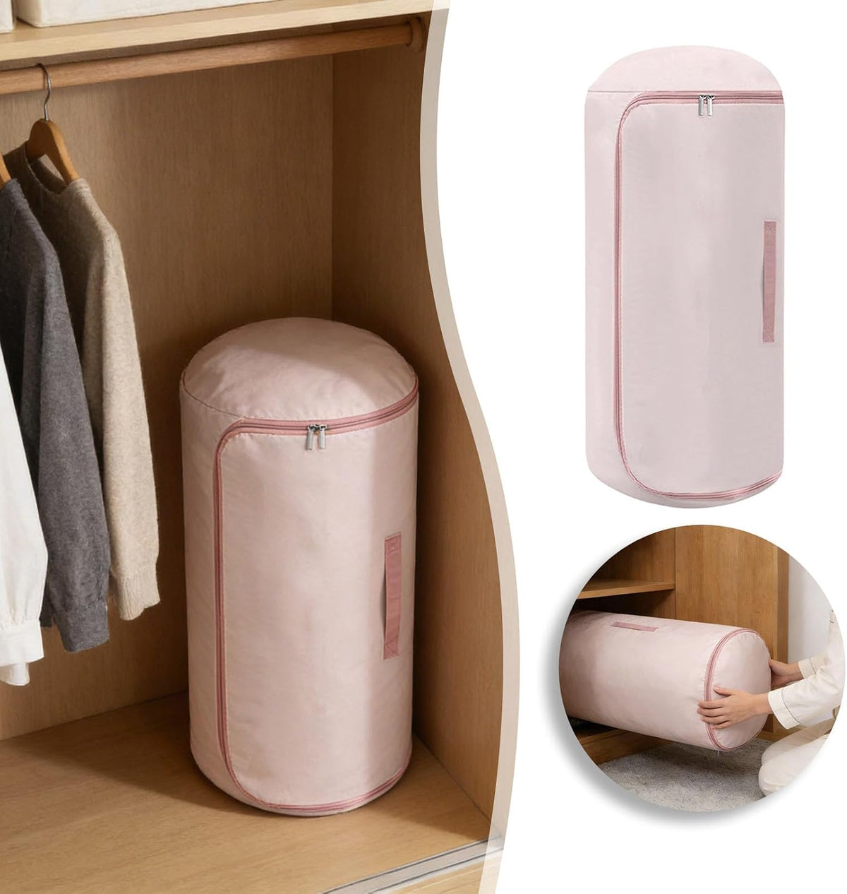 Ultra Space Saving Roll up Self Compression Organizer, Cylindrical Bag for Home Travel Storage Holds Quilt Garments Blankets Compact Design Blanket Bag (Pink)