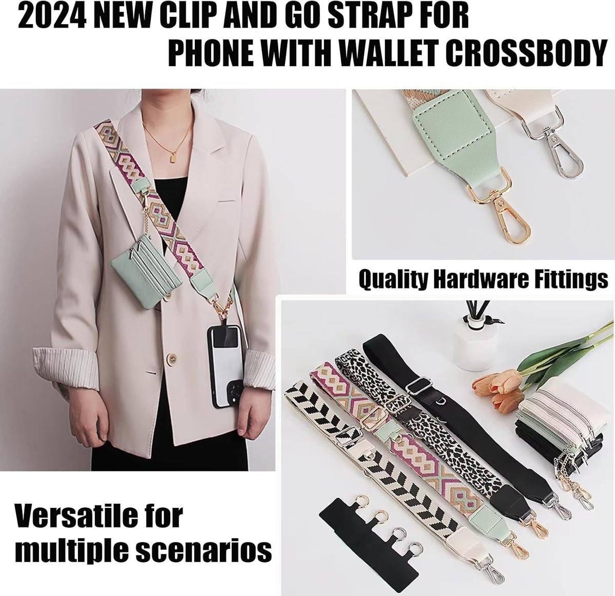 Clip and Go Strap for Phone with Wallet Crossbody,Phone Strap with Zippered Pouch,Phone Strap Crossbody Travel Bag