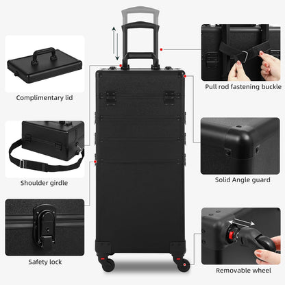 Rolling Makeup Case, Makeup Train Case with Lid, 5 in 1 Cosmetology Case on Wheels, Christmas Gift, Large Makeup Organizers, Profesional Cosmetic Case for Salon Barber, Purple Gold