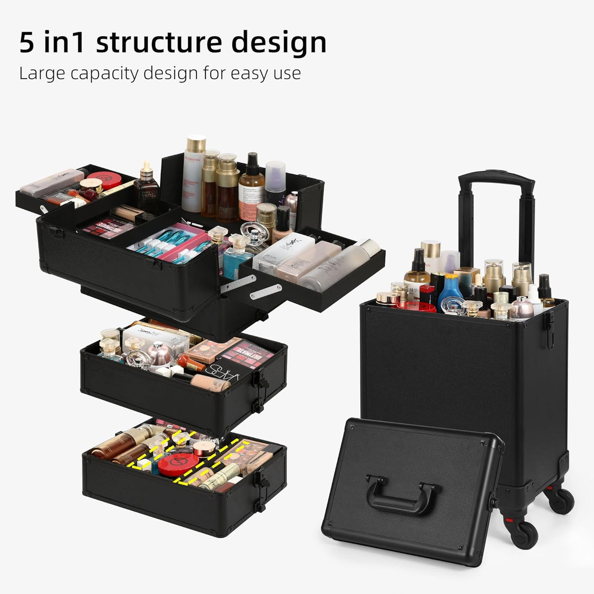Rolling Makeup Case, Makeup Train Case with Lid, 5 in 1 Cosmetology Case on Wheels, Christmas Gift, Large Makeup Organizers, Profesional Cosmetic Case for Salon Barber, Purple Gold