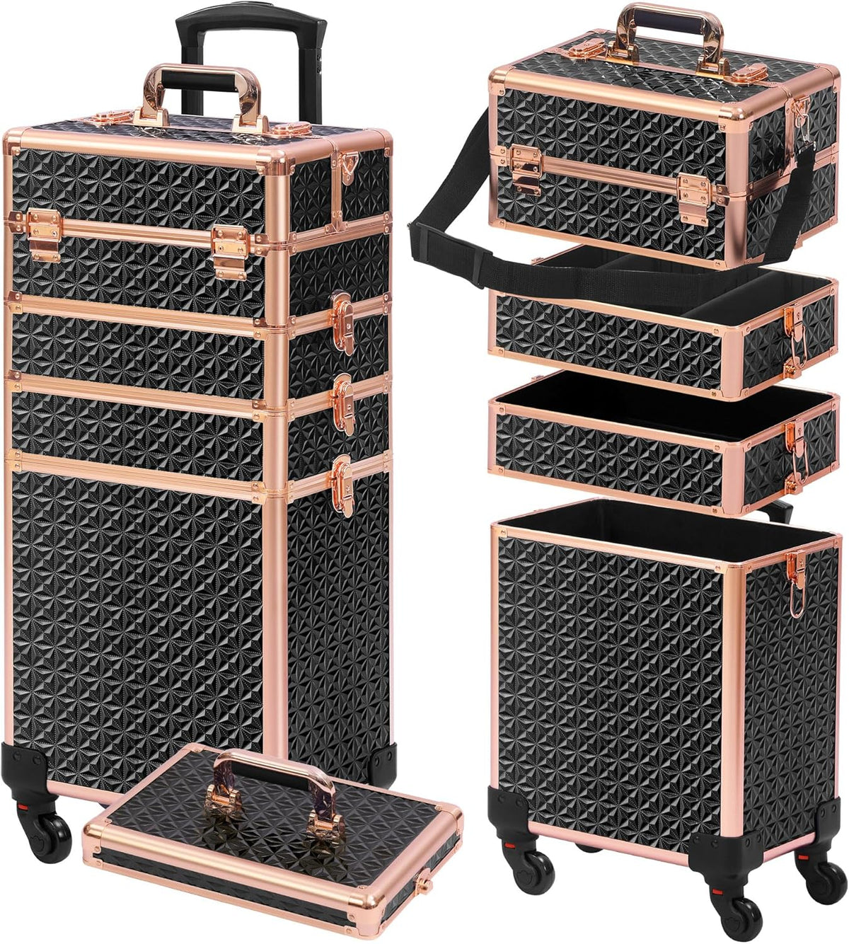 Rolling Makeup Case, Makeup Train Case with Lid, 5 in 1 Cosmetology Case on Wheels, Christmas Gift, Large Makeup Organizers, Profesional Cosmetic Case for Salon Barber, Purple Gold