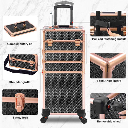 Rolling Makeup Case, Makeup Train Case with Lid, 5 in 1 Cosmetology Case on Wheels, Christmas Gift, Large Makeup Organizers, Profesional Cosmetic Case for Salon Barber, Purple Gold