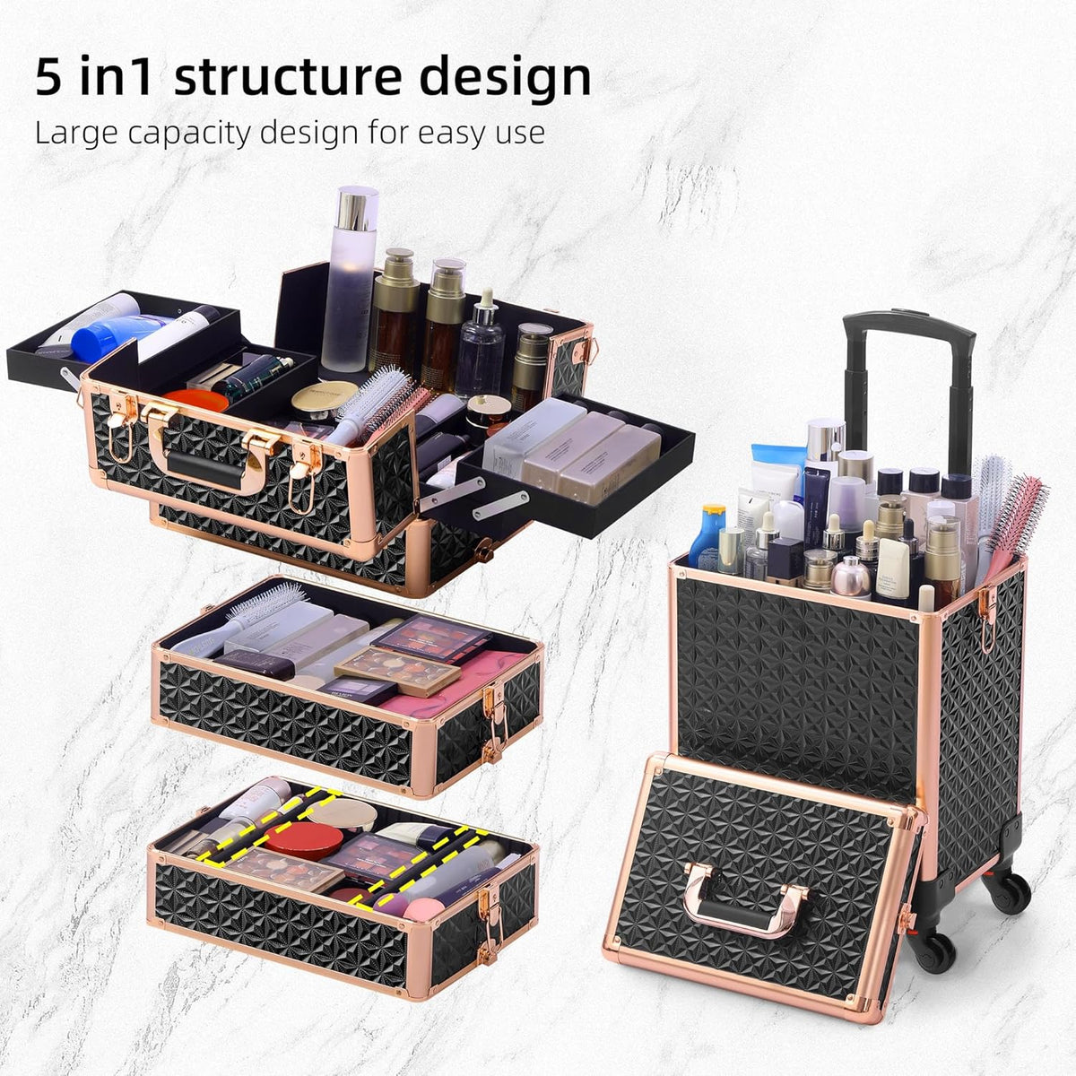 Rolling Makeup Case, Makeup Train Case with Lid, 5 in 1 Cosmetology Case on Wheels, Christmas Gift, Large Makeup Organizers, Profesional Cosmetic Case for Salon Barber, Purple Gold