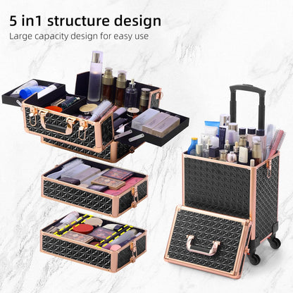 Rolling Makeup Case, Makeup Train Case with Lid, 5 in 1 Cosmetology Case on Wheels, Christmas Gift, Large Makeup Organizers, Profesional Cosmetic Case for Salon Barber, Purple Gold