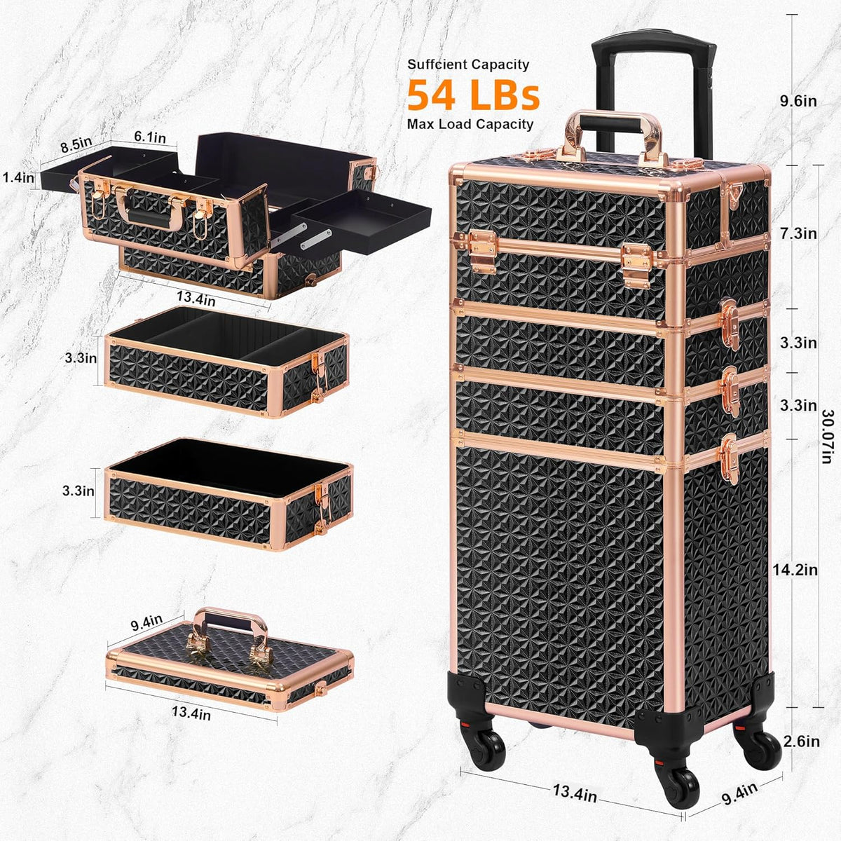 Rolling Makeup Case, Makeup Train Case with Lid, 5 in 1 Cosmetology Case on Wheels, Christmas Gift, Large Makeup Organizers, Profesional Cosmetic Case for Salon Barber, Purple Gold