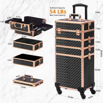 Rolling Makeup Case, Makeup Train Case with Lid, 5 in 1 Cosmetology Case on Wheels, Christmas Gift, Large Makeup Organizers, Profesional Cosmetic Case for Salon Barber, Purple Gold