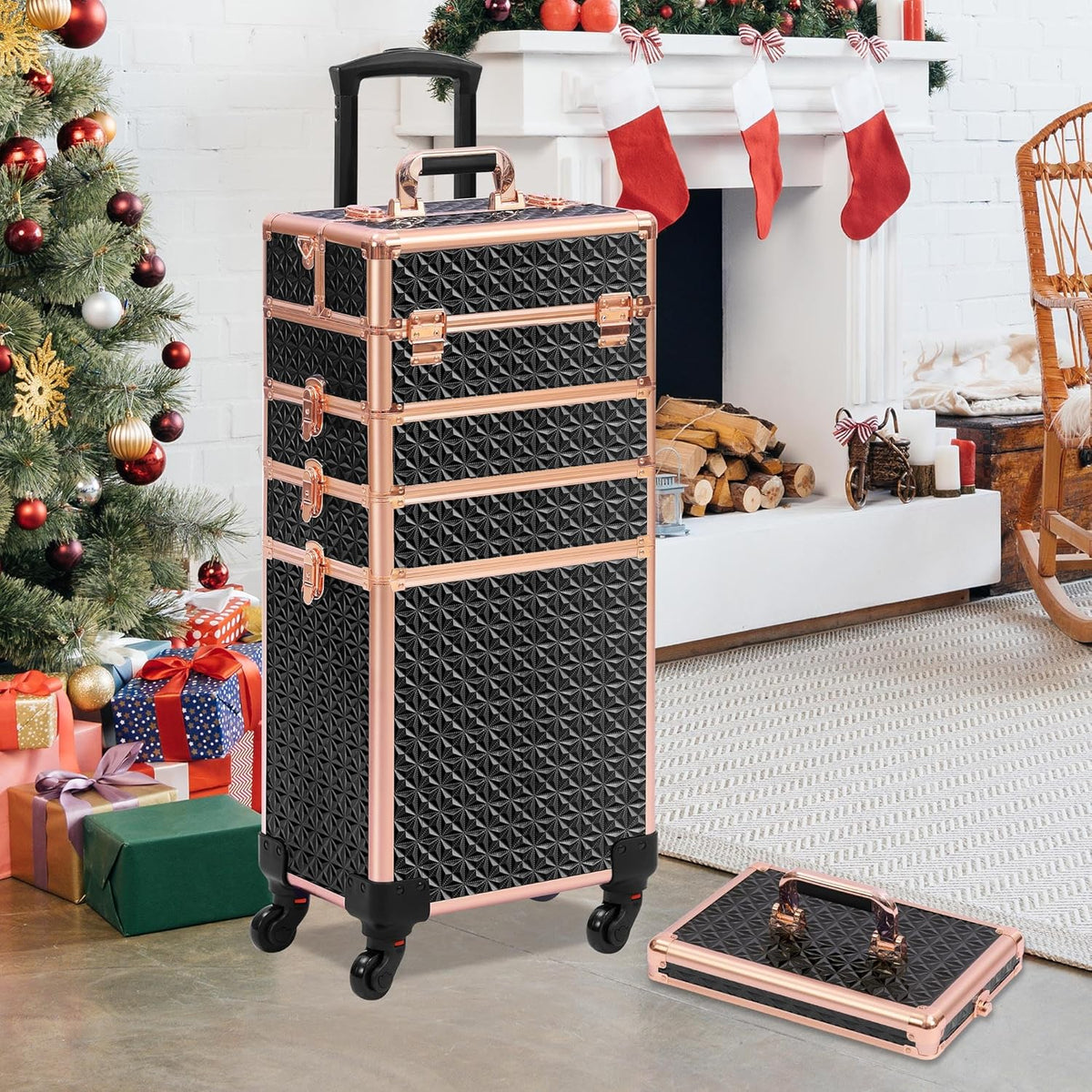 Rolling Makeup Case, Makeup Train Case with Lid, 5 in 1 Cosmetology Case on Wheels, Christmas Gift, Large Makeup Organizers, Profesional Cosmetic Case for Salon Barber, Purple Gold