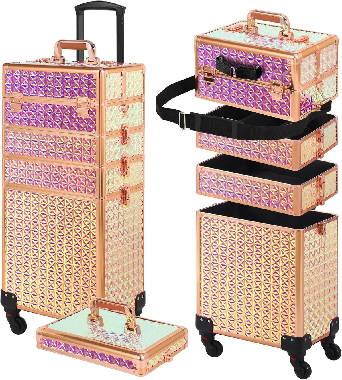 Rolling Makeup Case, Makeup Train Case with Lid, 5 in 1 Cosmetology Case on Wheels, Christmas Gift, Large Makeup Organizers, Profesional Cosmetic Case for Salon Barber, Purple Gold