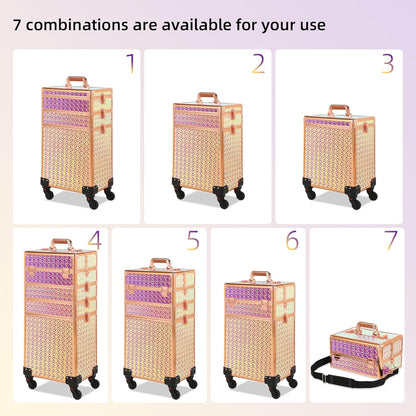 Rolling Makeup Case, Makeup Train Case with Lid, 5 in 1 Cosmetology Case on Wheels, Christmas Gift, Large Makeup Organizers, Profesional Cosmetic Case for Salon Barber, Purple Gold