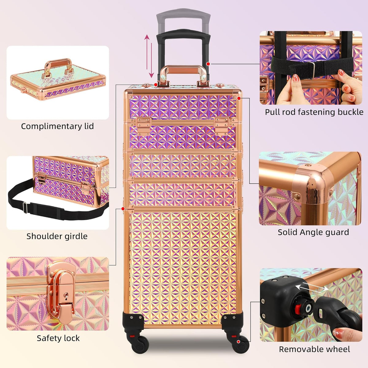Rolling Makeup Case, Makeup Train Case with Lid, 5 in 1 Cosmetology Case on Wheels, Christmas Gift, Large Makeup Organizers, Profesional Cosmetic Case for Salon Barber, Purple Gold