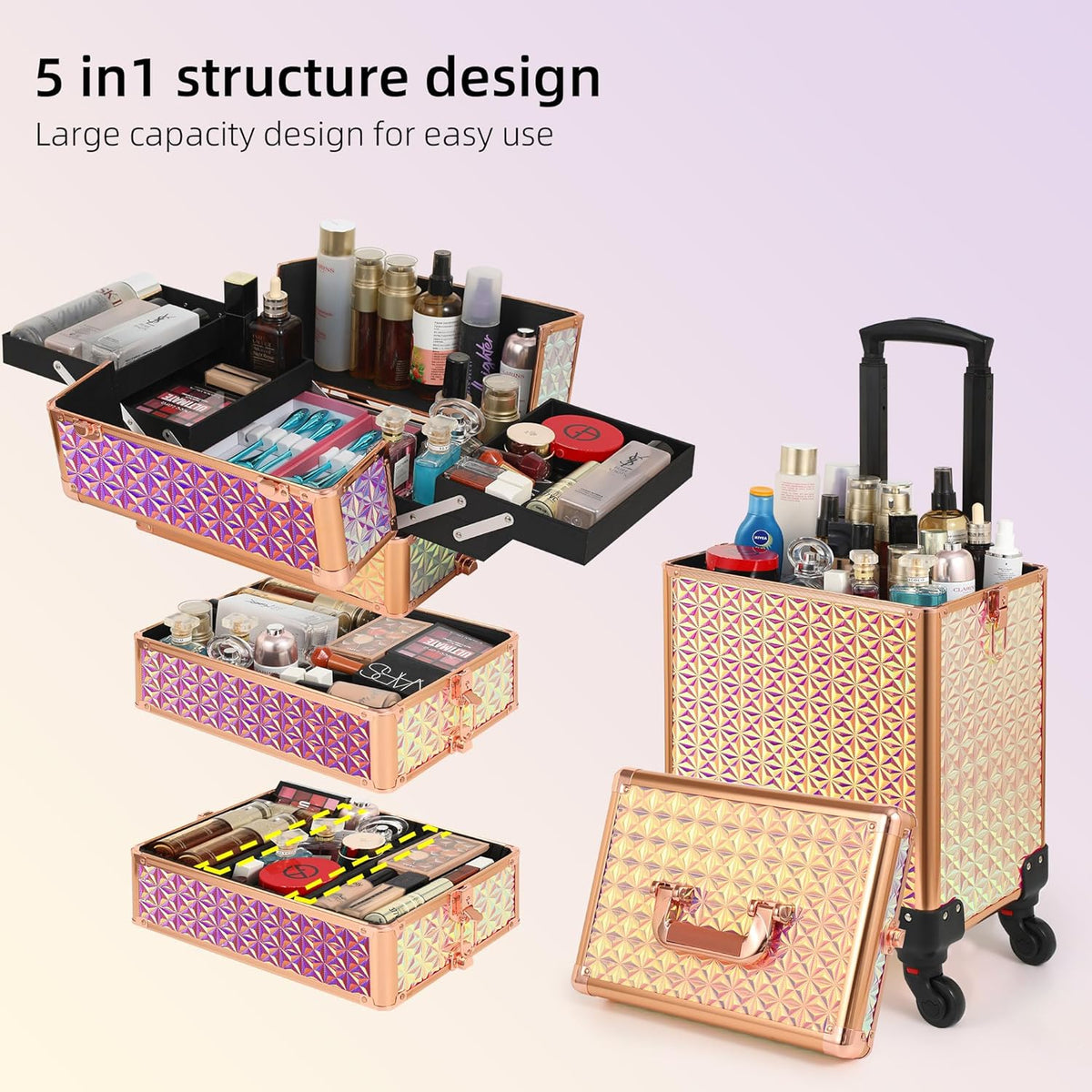 Rolling Makeup Case, Makeup Train Case with Lid, 5 in 1 Cosmetology Case on Wheels, Christmas Gift, Large Makeup Organizers, Profesional Cosmetic Case for Salon Barber, Purple Gold