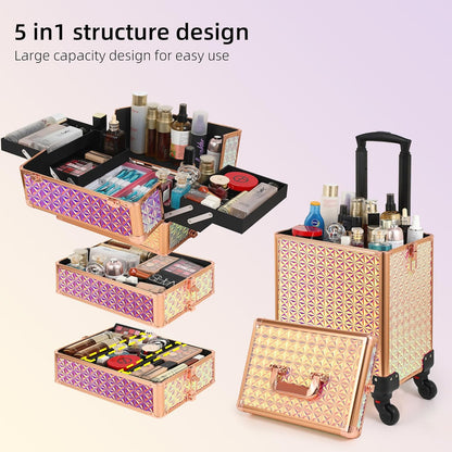 Rolling Makeup Case, Makeup Train Case with Lid, 5 in 1 Cosmetology Case on Wheels, Christmas Gift, Large Makeup Organizers, Profesional Cosmetic Case for Salon Barber, Purple Gold