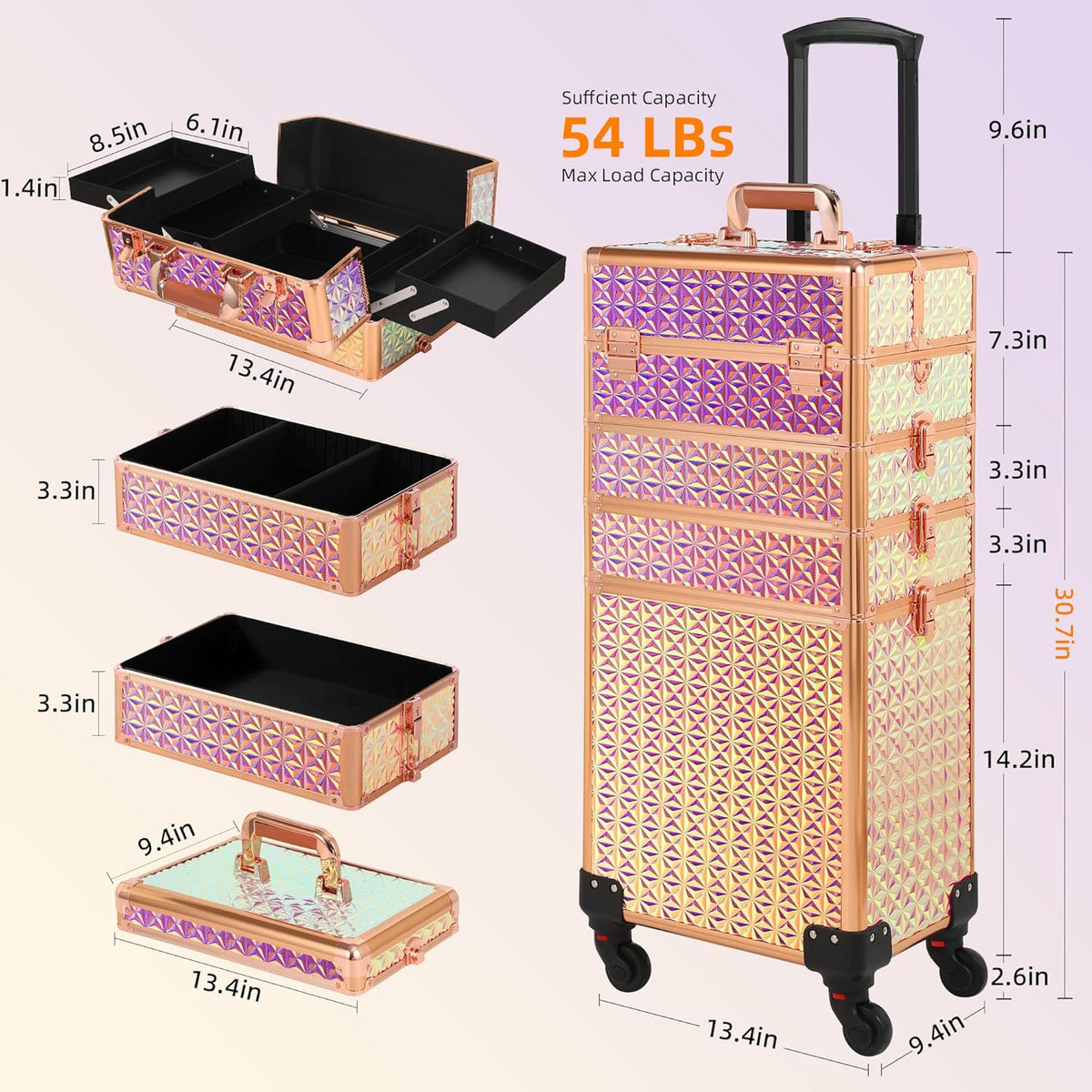 Rolling Makeup Case, Makeup Train Case with Lid, 5 in 1 Cosmetology Case on Wheels, Christmas Gift, Large Makeup Organizers, Profesional Cosmetic Case for Salon Barber, Purple Gold