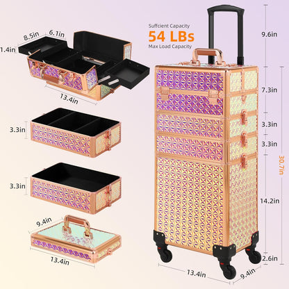 Rolling Makeup Case, Makeup Train Case with Lid, 5 in 1 Cosmetology Case on Wheels, Christmas Gift, Large Makeup Organizers, Profesional Cosmetic Case for Salon Barber, Purple Gold