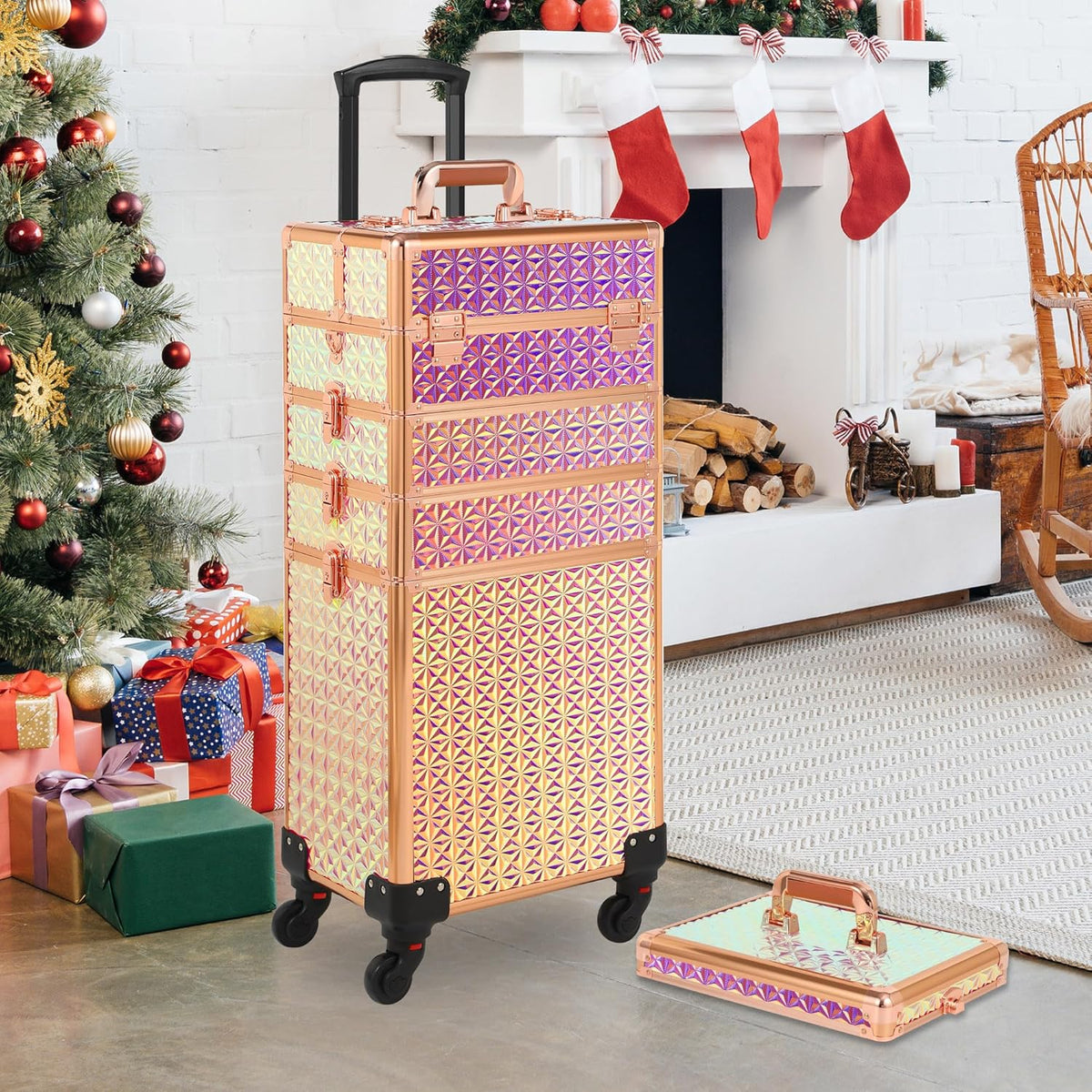 Rolling Makeup Case, Makeup Train Case with Lid, 5 in 1 Cosmetology Case on Wheels, Christmas Gift, Large Makeup Organizers, Profesional Cosmetic Case for Salon Barber, Purple Gold