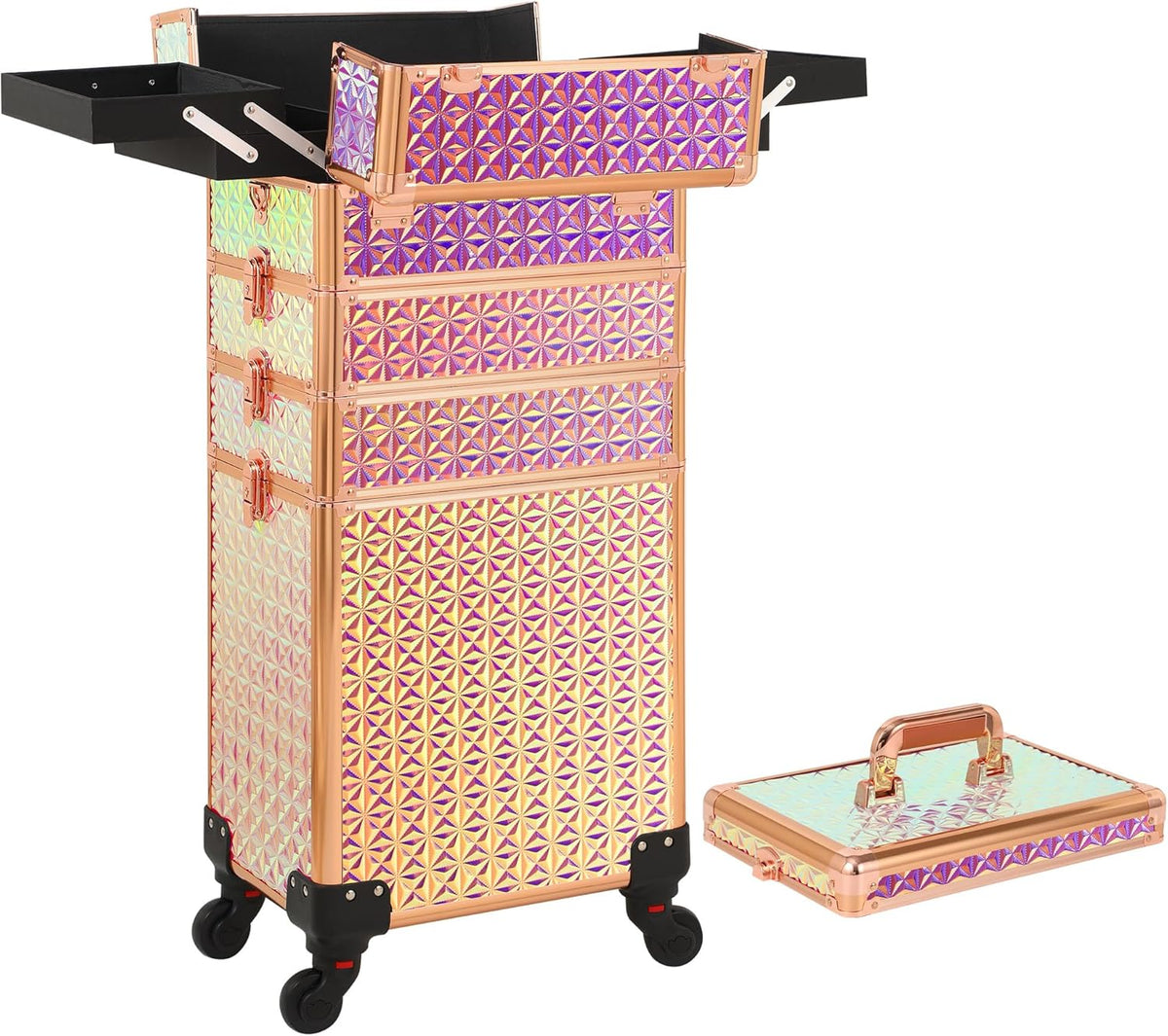 Rolling Makeup Case, Makeup Train Case with Lid, 5 in 1 Cosmetology Case on Wheels, Christmas Gift, Large Makeup Organizers, Profesional Cosmetic Case for Salon Barber, Purple Gold