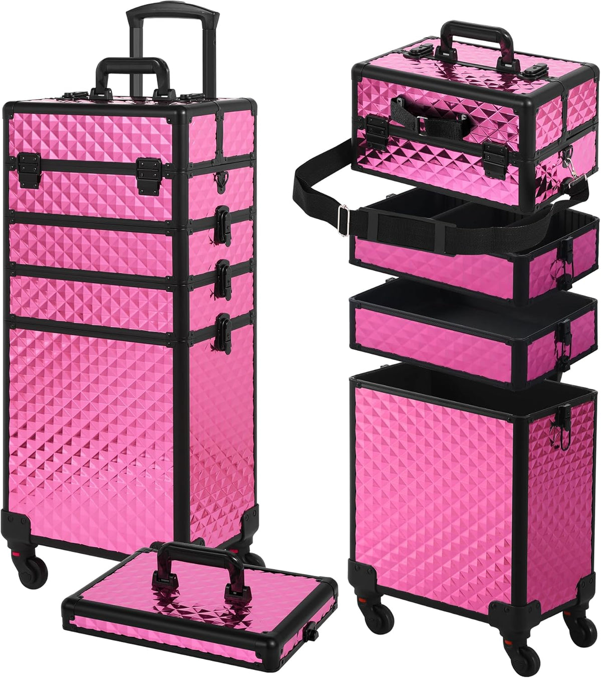 Rolling Makeup Case, Makeup Train Case with Lid, 5 in 1 Cosmetology Case on Wheels, Christmas Gift, Large Makeup Organizers, Profesional Cosmetic Case for Salon Barber, Purple Gold